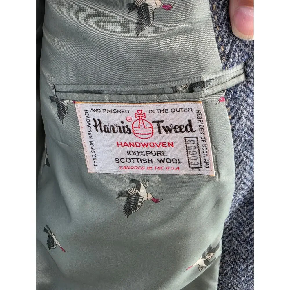 Stafford Harris Tweed Blazer 42R Blue Gray Herringbone Duck Lining Vintage USA